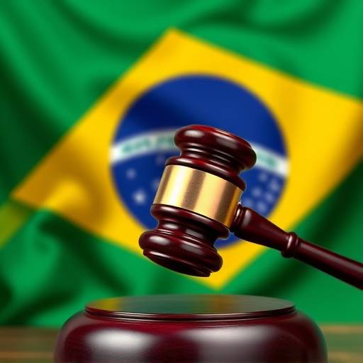 Bandeira do Brasil e um martelo de juiz simbolizando a lei brasileira.