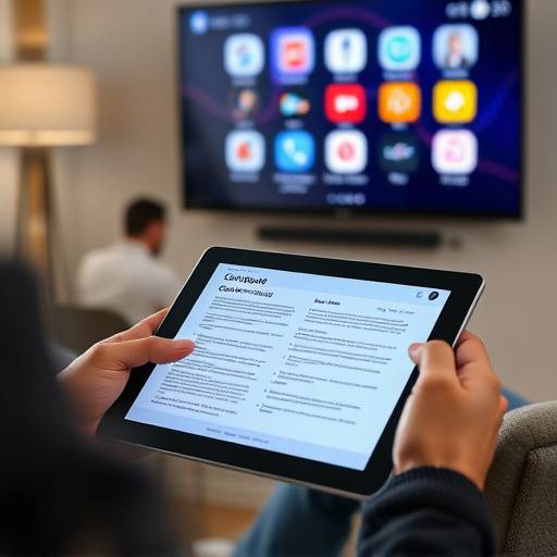 Pessoa lendo um contrato em uma tela de tablet com &iacute;cones de TV ao fundo.